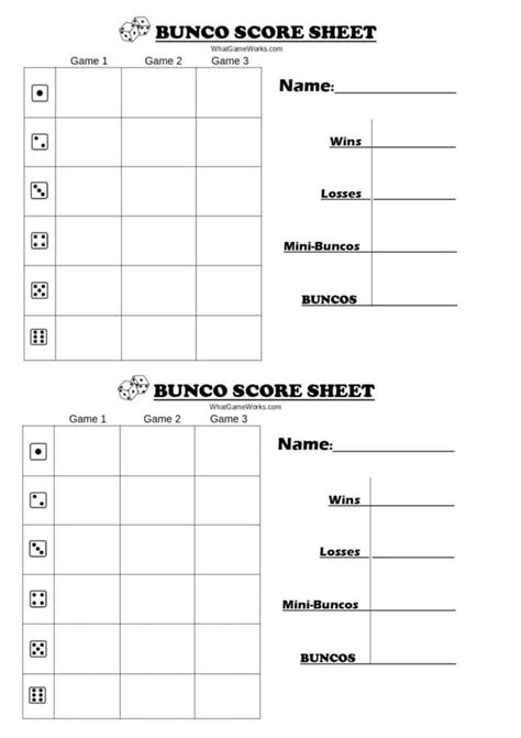 printable bunco table tally sheets  printable templates