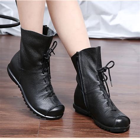 autumn genuine leather ankle boots ladies casual warm comfortable flat winter boot  women