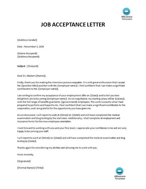 job offer acceptance letter sample templates  allbusinesstemplatescom