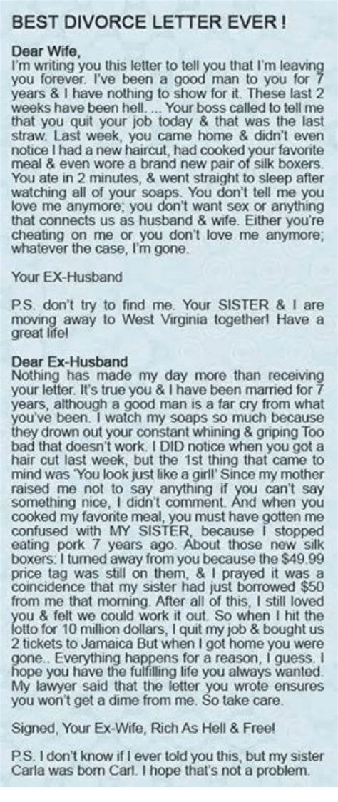 best divorce letter ever dear wife i m writing you this letter to tell