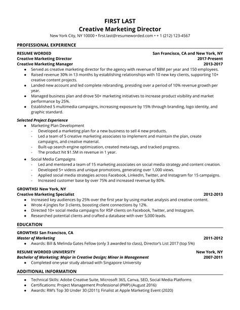 creative marketing director resume    resume worded