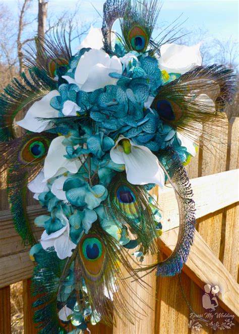 dress my wedding teal peacock cascading bouquet
