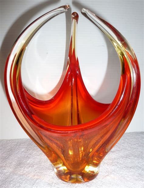 1950s 60s Vintage Retro Murano Art Glass Vase Red Orange