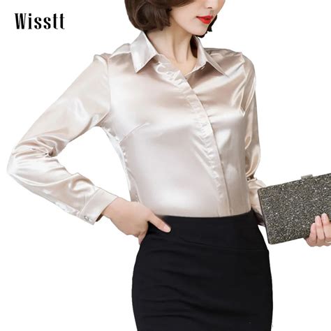 Women Satin Silk Long Sleeve Button Down Shirt Formal Work Business