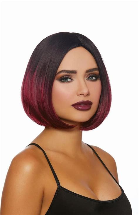 Mid Length Black And Burgandy Ombre Bob Wig In 2020