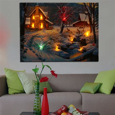 grtsunsea luminous led lighted light  canvas christmas night snow cabin art picture print home