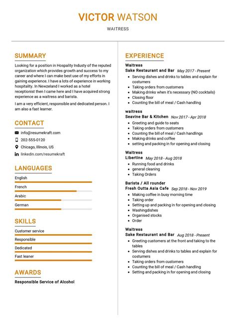 waitress resume sample  writing guide tips resumekraft