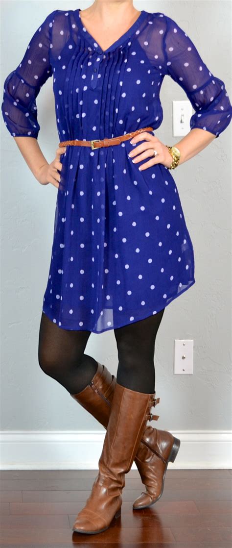 outfit post blue polka dot dress black tights brown