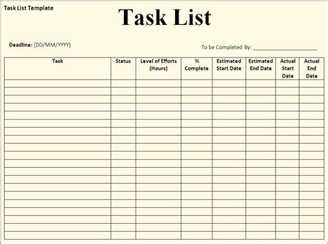 task list templates excel  formats