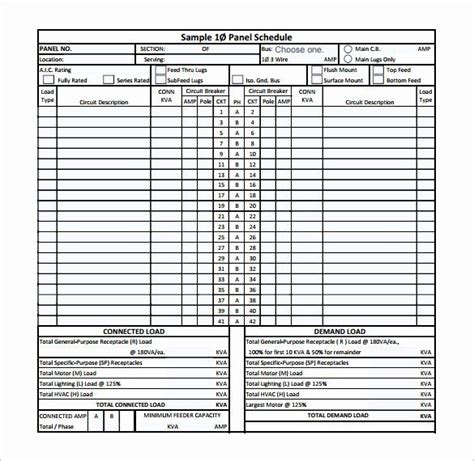 square  electrical panel schedule template    panel schedule