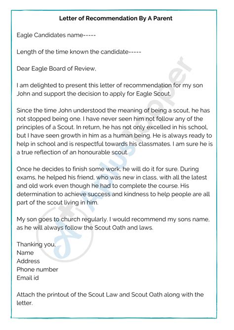 eagle scout letters  recommendation examples format