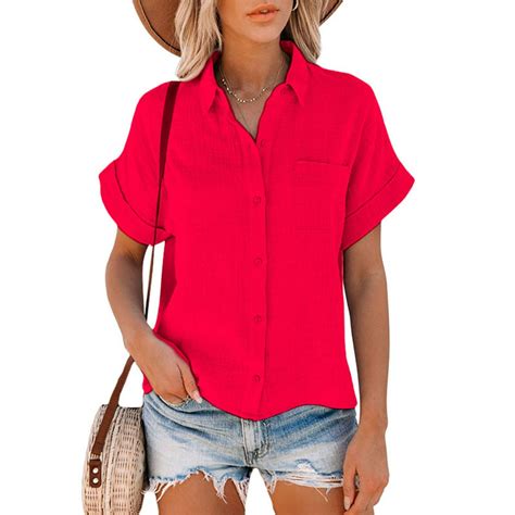 Ukap Summer Womens Button Down V Neck Shirts Cotton And Linen Short