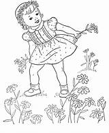 Coloring Pages Girls Kids Sheets Girl Flower Flowers Activity Picking Spring Vintage Little Embroidery Book Clipart Nature Printable Books Colouring sketch template