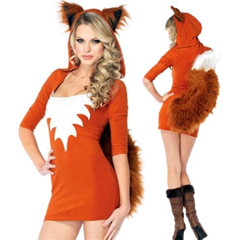 adult sexy cute orange tail fox halloween animal women costumes slim bodycon dresses