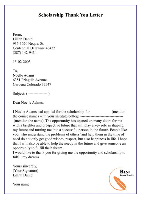 letter template  scholarship sample examples
