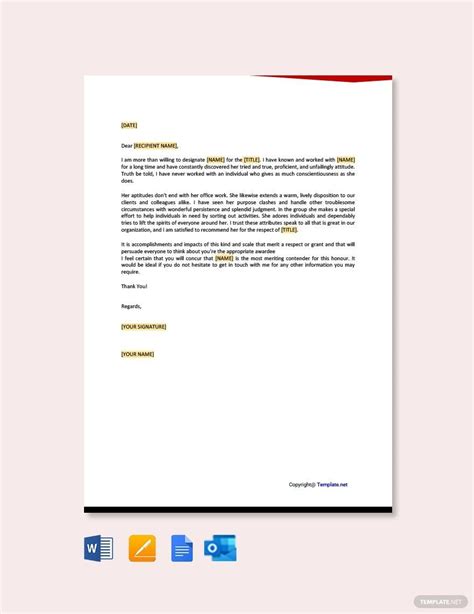 award recommendation letter template