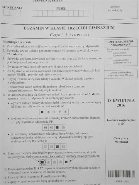 egzamin gimnazjalny 2016 odpowiedzi jĘzyk polski [arkusze pytania