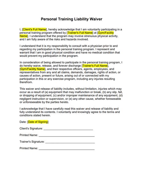 personal training liability waiver forms docs
