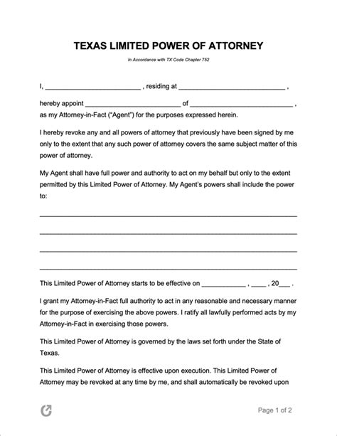 power  attorney form texas printable printable forms