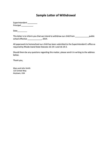 sample school withdrawal letter template printable