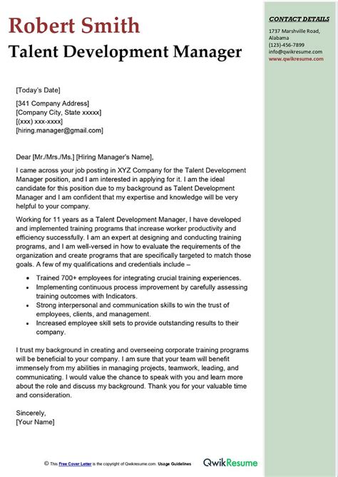talent development manager cover letter examples qwikresume