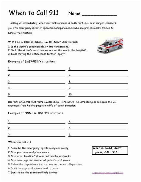 when to call 911 worksheet