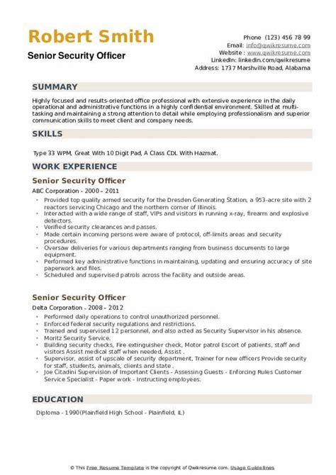 senior security officer resume samples qwikresume