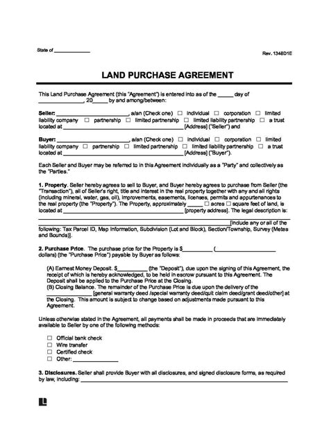 land purchase agreement form  word
