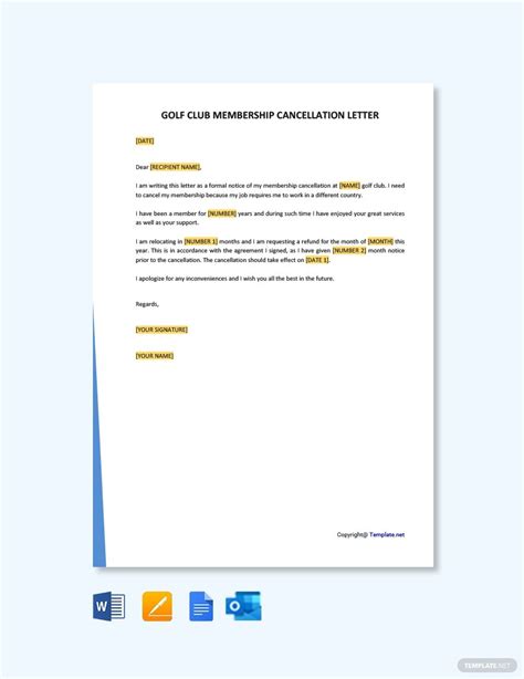 golf club membership cancellation letter  google docs word pages