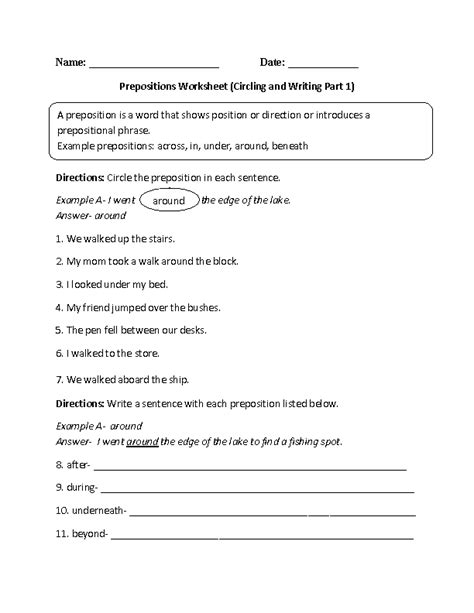 circling  writing prepostions worksheet preposition worksheets