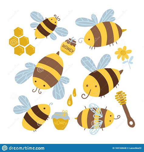 many characters of cute yellow and black bees set if honeybee