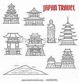 Landmarks Japan Castle Shutterstock Temple Thin Japanese Icons Line Fuji Pagoda Osaka Vector Drawing Buddha Stock Palace Deva Ushiku Gate sketch template