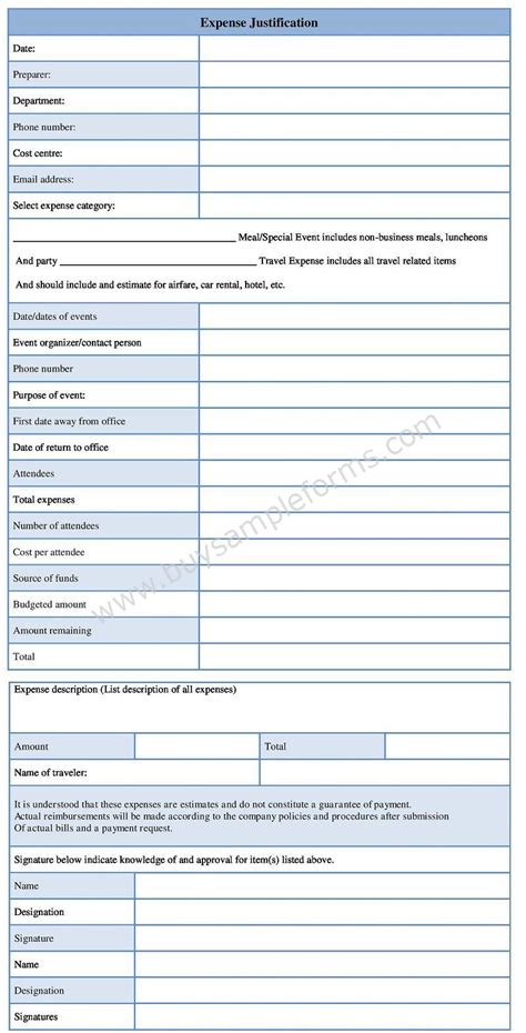 expense justification form template sample expense form