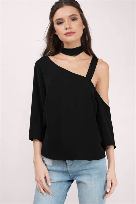 black blouse asymmetric blouse  shoulder blouse black top  tobi