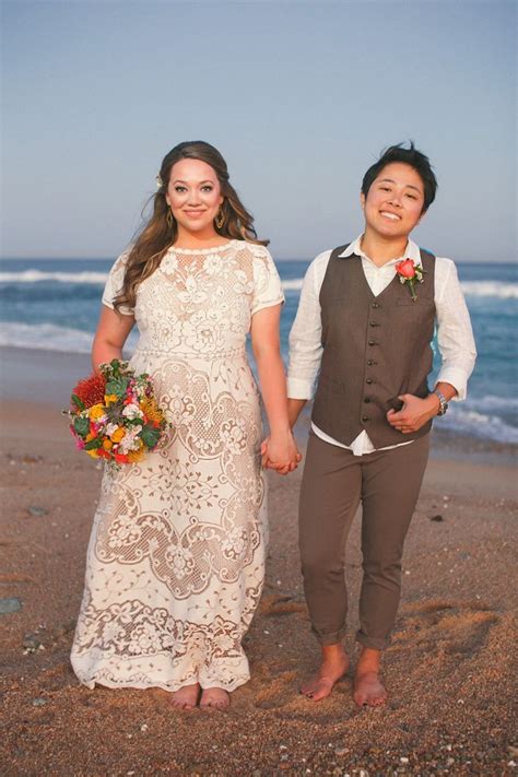 lo and kate what a photogenic couple lesbian wedding gown pants vest interraciallesbians