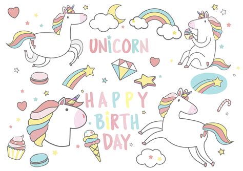 happy birthday unicorn  magic elements card vector