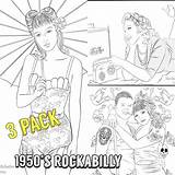 Pages 1950s Rockabilly Colouring Adult Vintage Digital sketch template