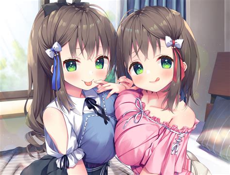 safebooru 2girls p absurdres asa no ha bangs bed bed sheet bedroom