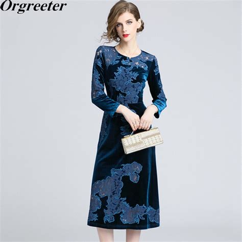 High Quality Embroidery Velvet Dress Spring Fall Fashion