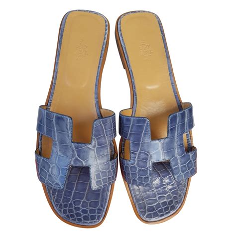 hermes oran flat sandals  crocodile blue exotic leather ref