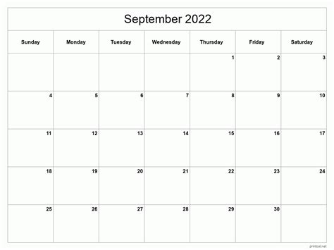 printable september  calendar template  full page blank grid