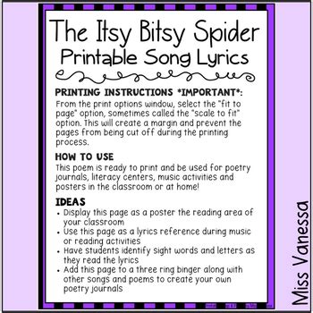 the itsy bitsy spider song printable lyrics by miss