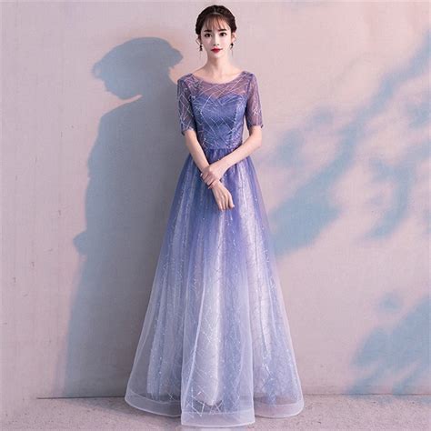 Party Dress Korean Long Gradient Blue Bandage Dress 19 New Spring Short