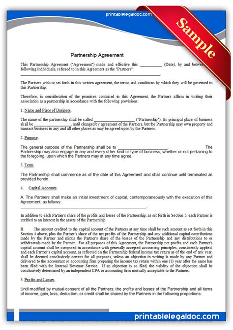 printable partnership agreement form generic