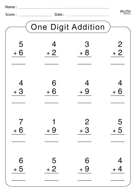 single digit addition worksheets  answer key