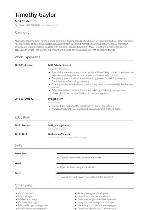 mba student resume samples  templates visualcv