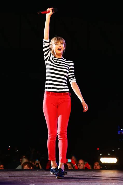 She Worked A Cropped Pair Of Red Skinnies On Tour With A Casual Striped