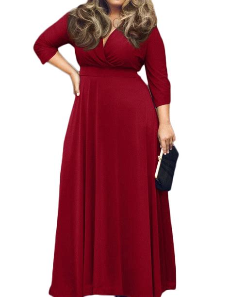 Poseshe Womens Solid V Neck 3 4 Sleeve Plus Size Evening Party Maxi Dress