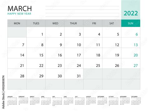 march  calendar  template vector  green background week