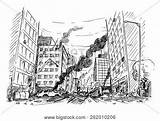 Destroyed City Drawing Earthquake War Street Disaster Riot Hand Pen Illustration Vector Sketchy Buildings Background Town After Burning sketch template